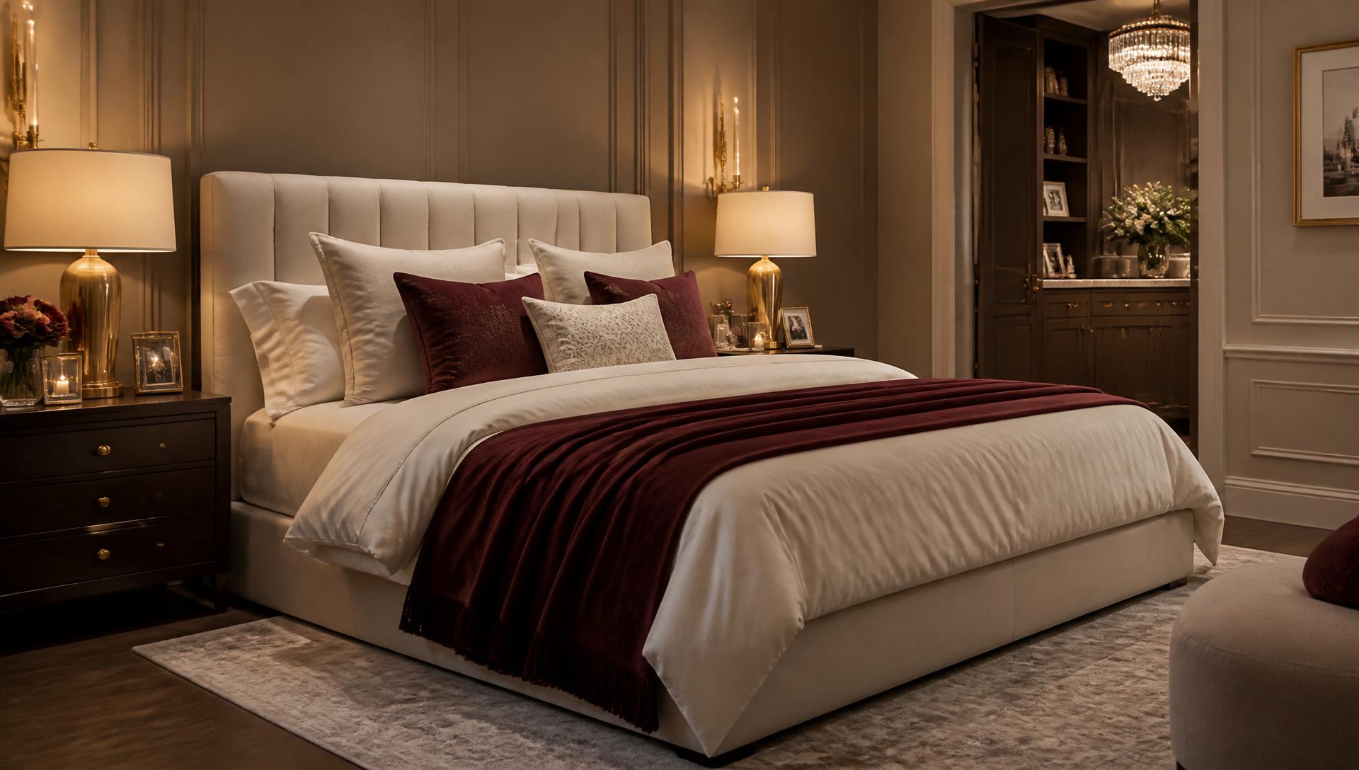 Elegant master bedroom with upholstered bed and warm lighting