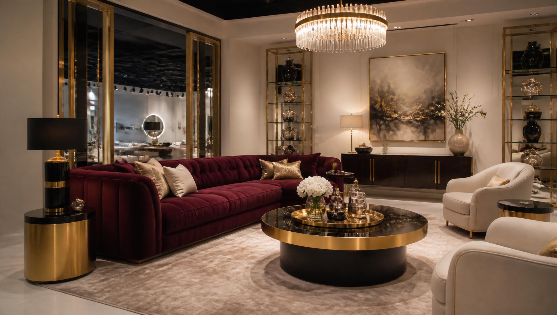 Luxury living room with burgundy velvet sofa and gold accents